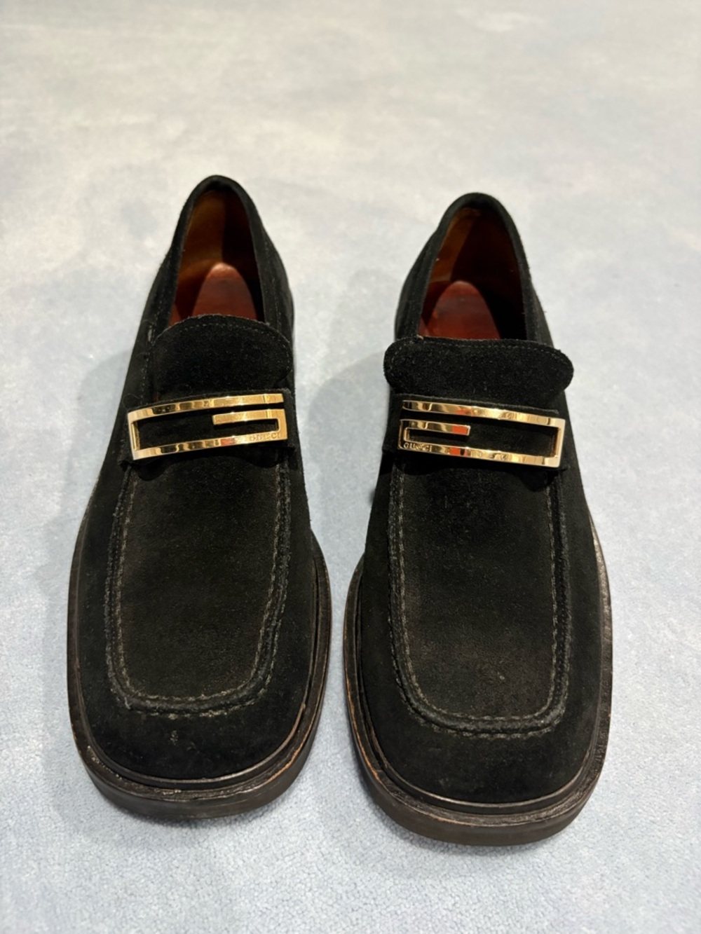 Gucci women’s vintage Black Suede Loafers with Gold Accent